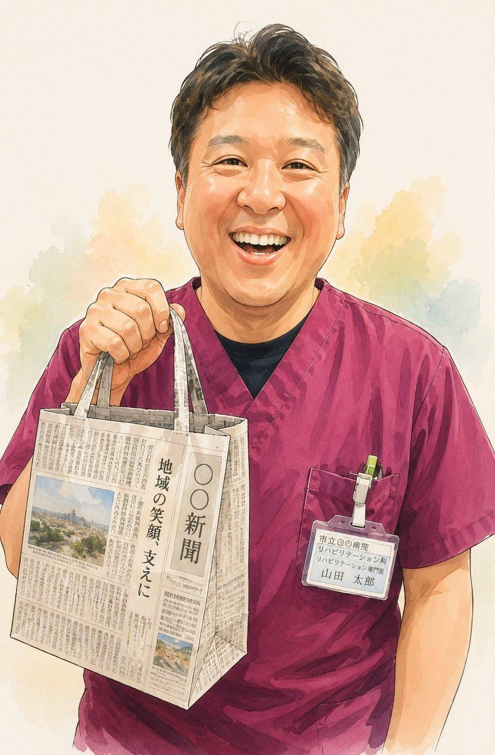 新聞ばっぐを持つ石原靖之